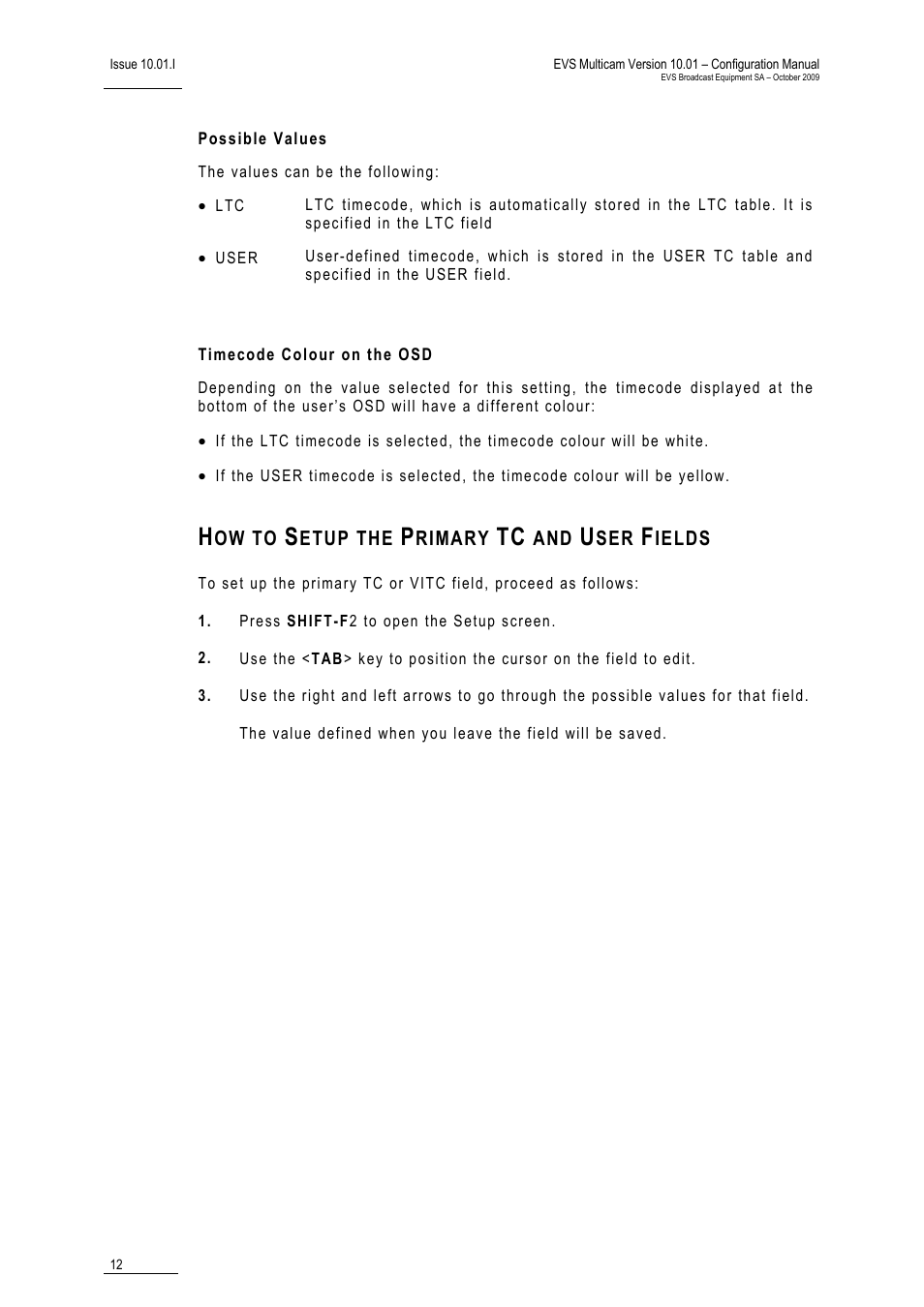 Possible values, Timecode colour on the osd, How to setup the primary tc and user fields | EVS MulticamLSM Version 10.01 - October 2009 Configuration Manual User Manual | Page 19 / 93