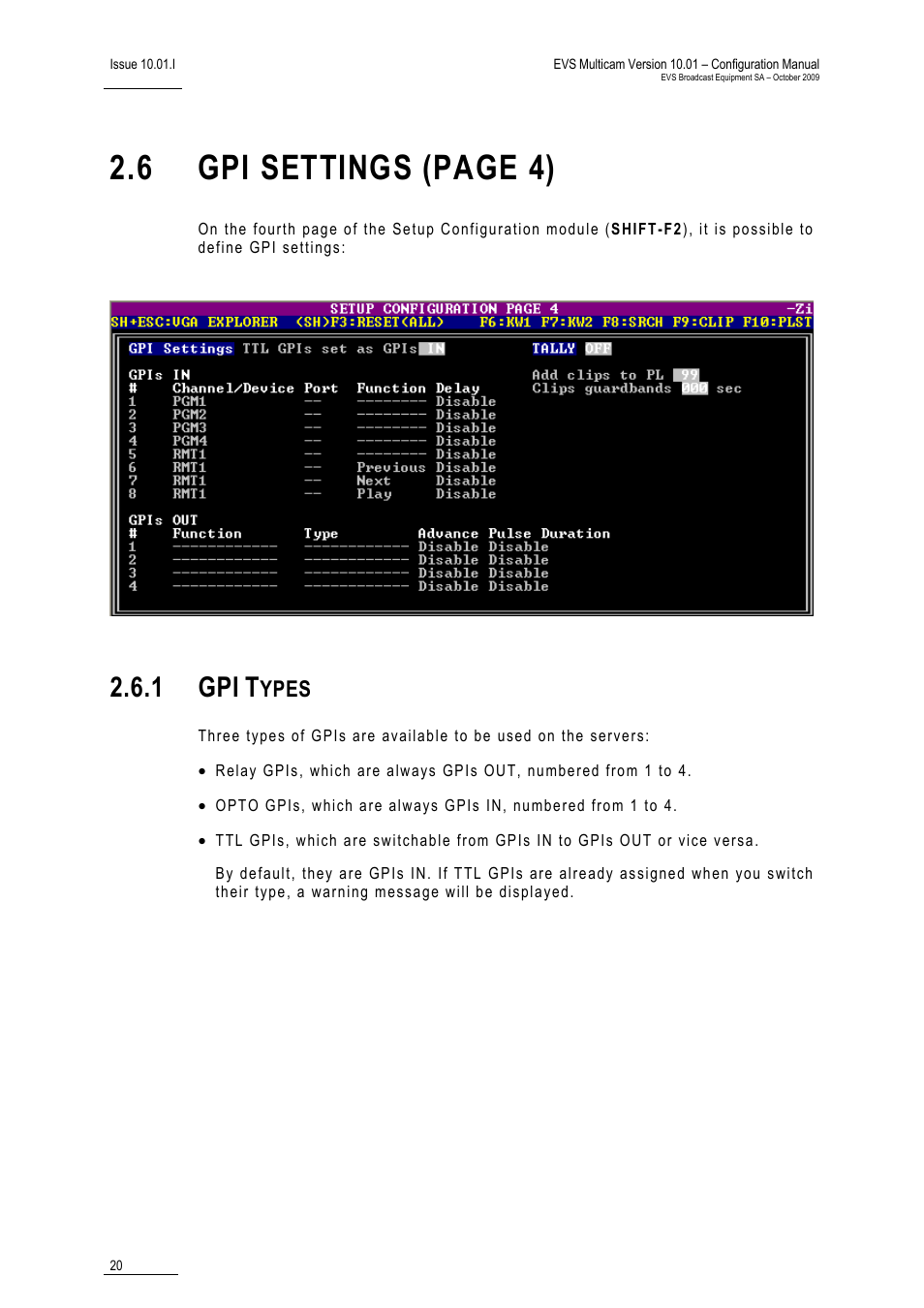 1 gpi types, 6 gpi settings (page 4), 1 gpi | Ypes | EVS MulticamLSM Version 10.01 - October 2009 Configuration Manual User Manual | Page 27 / 93