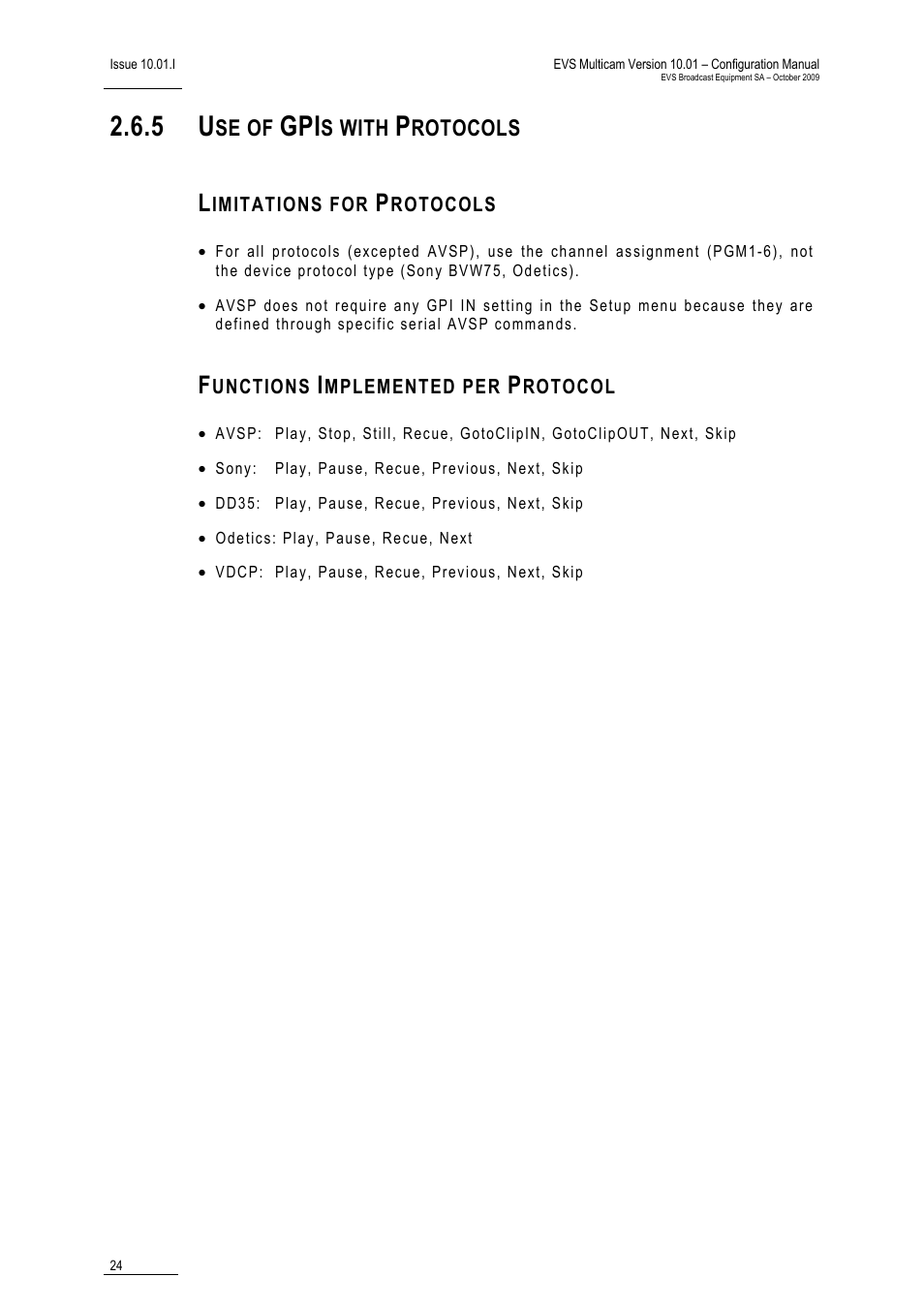 5 use of gpis with protocols, Limitations for protocols, Functions implemented per protocol | Se of, S with, Rotocols | EVS MulticamLSM Version 10.01 - October 2009 Configuration Manual User Manual | Page 31 / 93