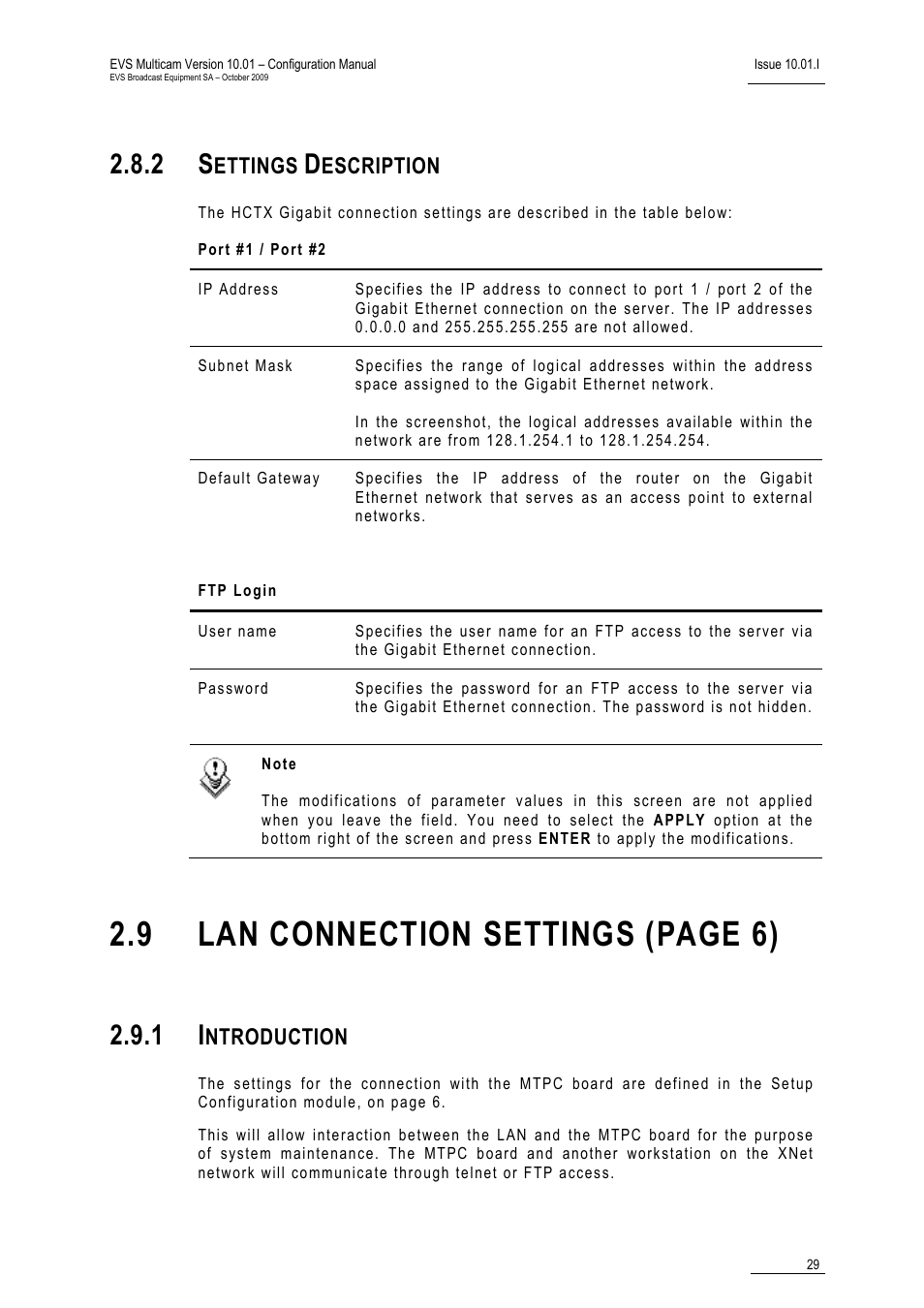 2 settings description, 1 introduction, 9 lan connection settings (page 6) | Ettings, Escription, Ntroduction | EVS MulticamLSM Version 10.01 - October 2009 Configuration Manual User Manual | Page 36 / 93