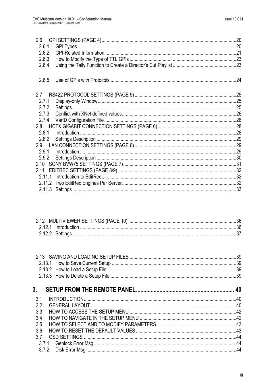 Setup from the remote panel | EVS MulticamLSM Version 10.01 - October 2009 Configuration Manual User Manual | Page 4 / 93