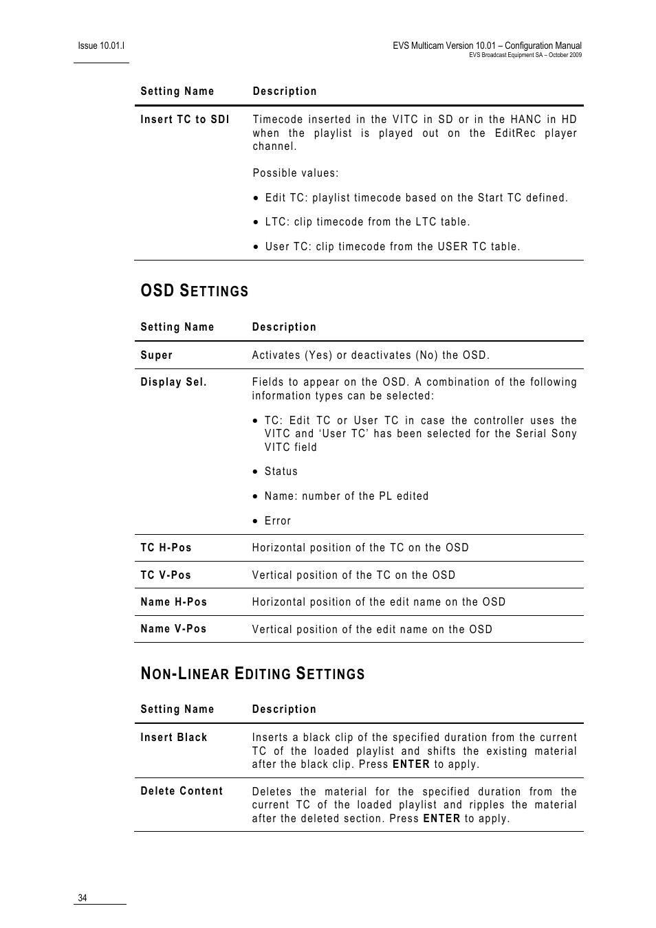 Osd settings, Non-linear editing settings | EVS MulticamLSM Version 10.01 - October 2009 Configuration Manual User Manual | Page 41 / 93