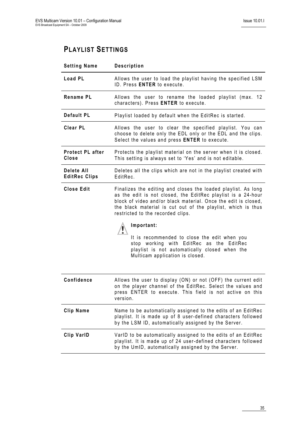 Playlist settings, Laylist, Ettings | EVS MulticamLSM Version 10.01 - October 2009 Configuration Manual User Manual | Page 42 / 93