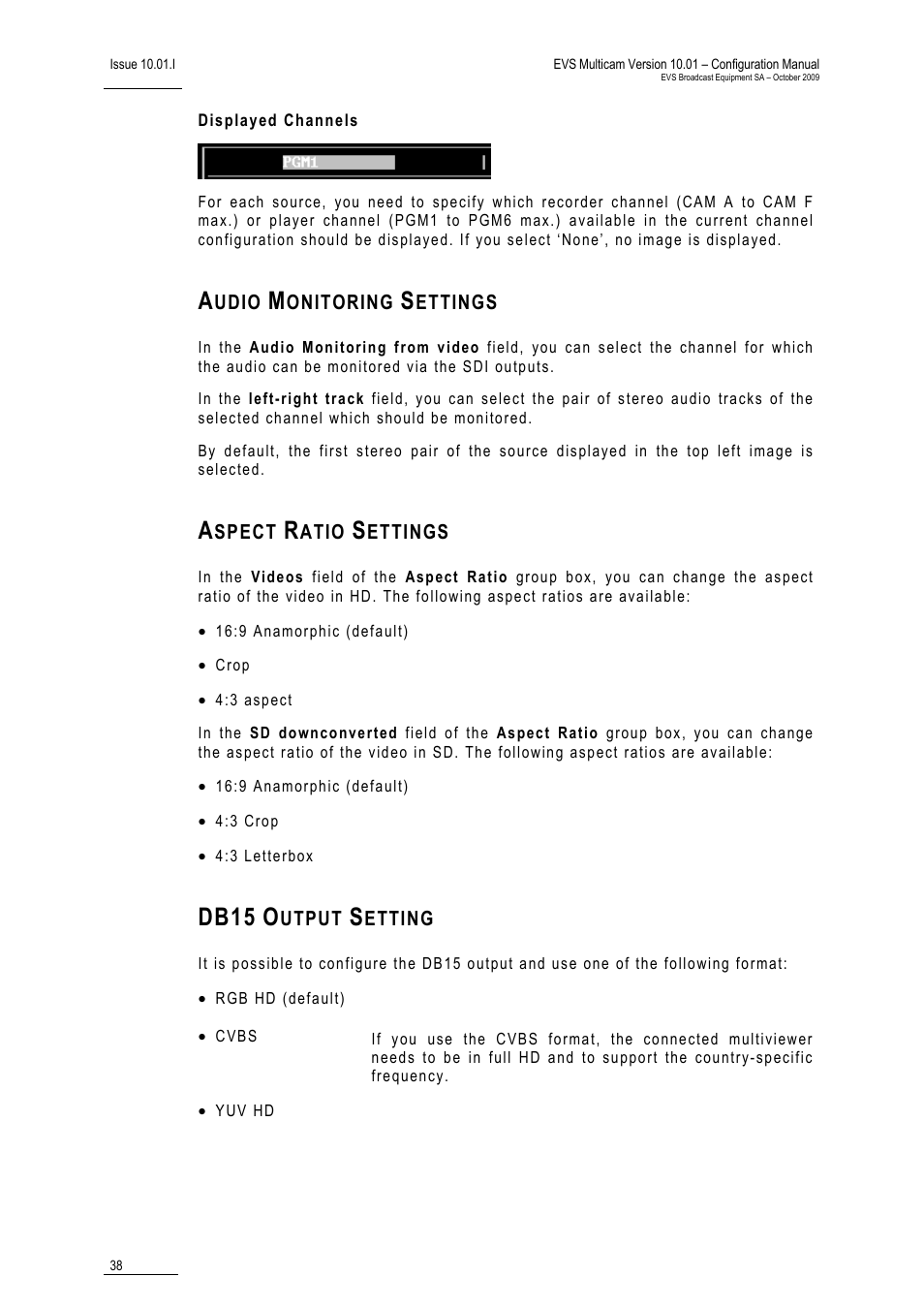 Displayed channels, Audio monitoring settings, Aspect ratio settings | Db15 output setting, Db15 | EVS MulticamLSM Version 10.01 - October 2009 Configuration Manual User Manual | Page 45 / 93