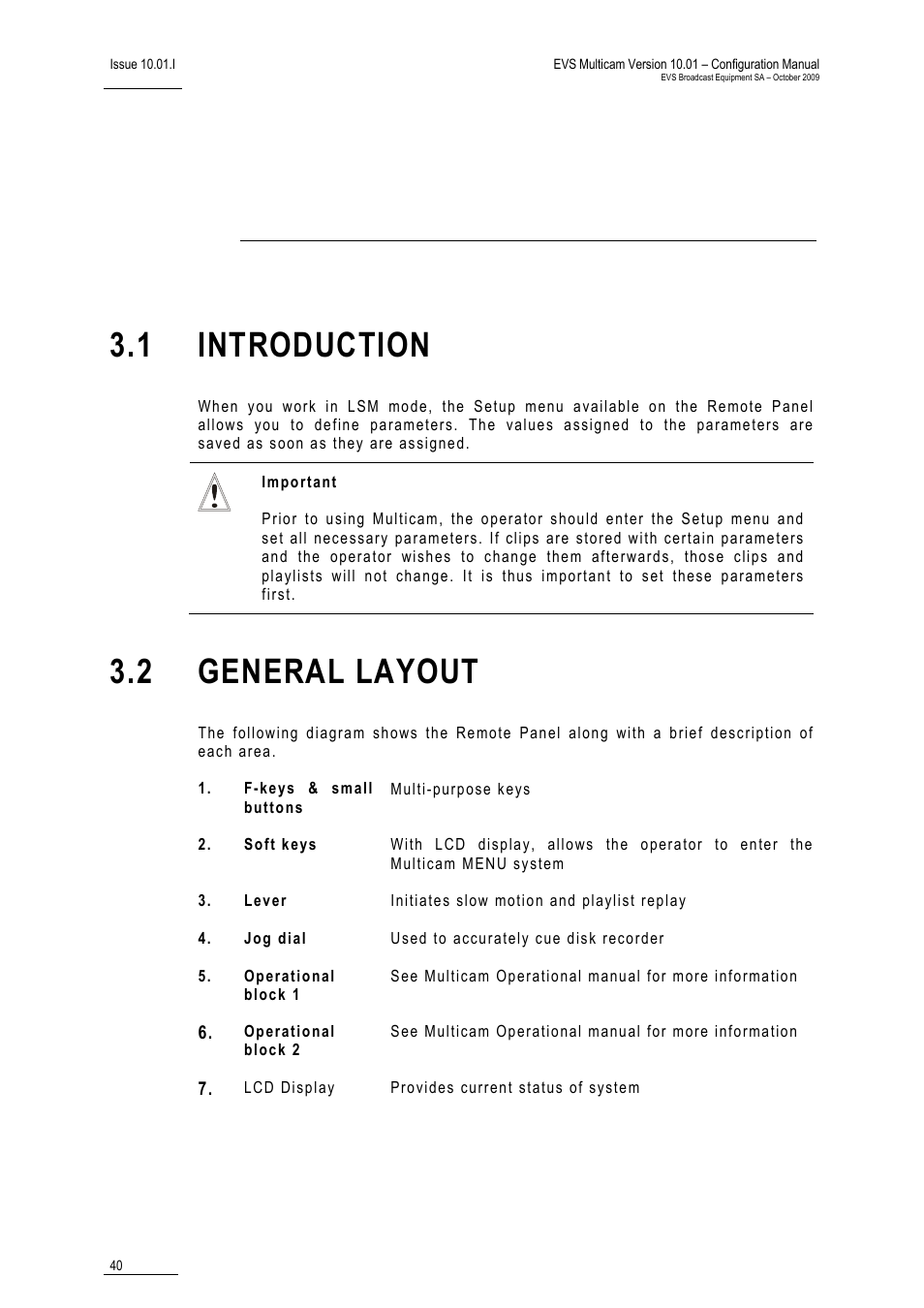 Setup from the remote panel, 1 introduction, 2 general layout | EVS MulticamLSM Version 10.01 - October 2009 Configuration Manual User Manual | Page 47 / 93