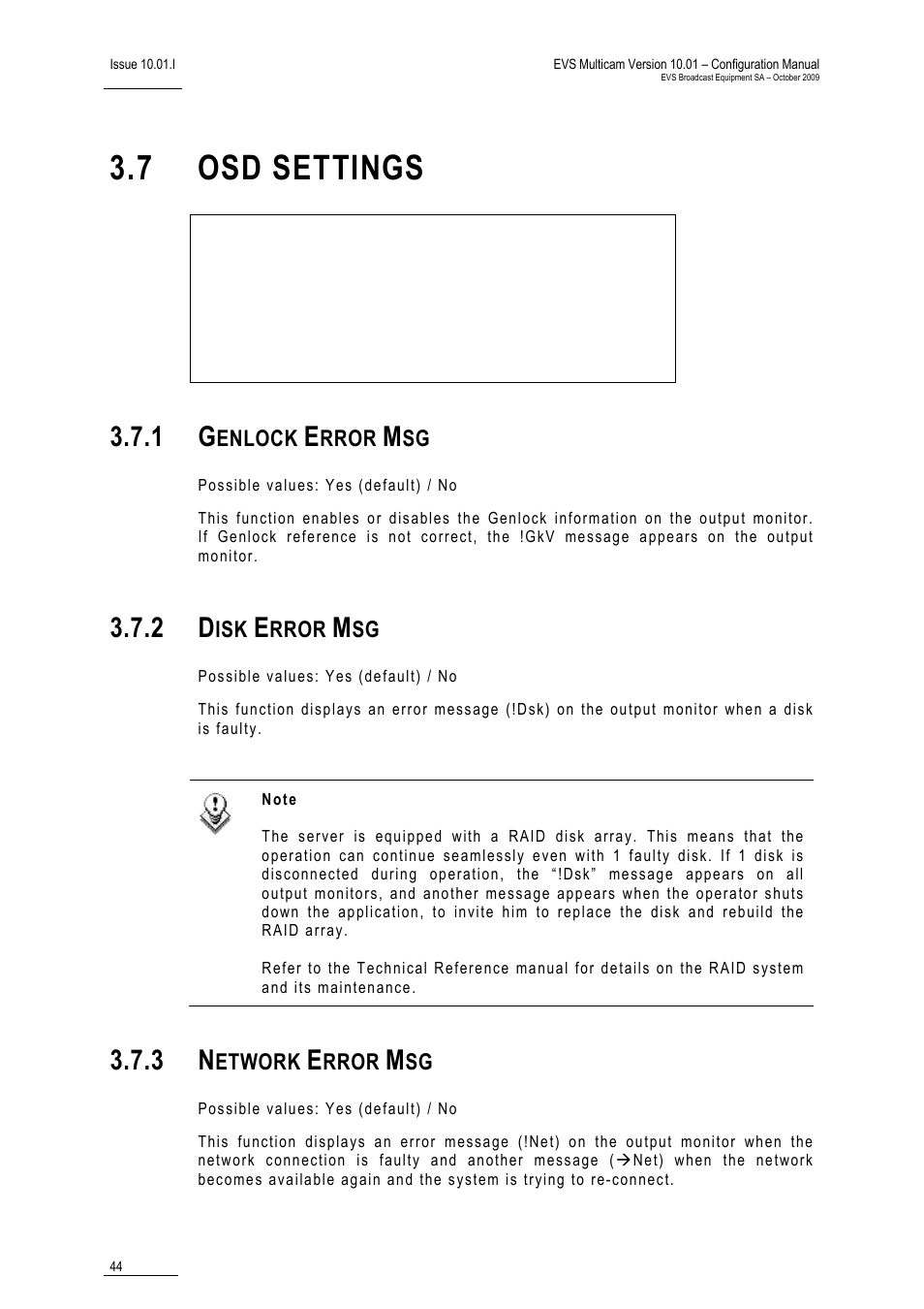 7 osd settings, 1 genlock error msg, 2 disk error msg | 3 network error msg | EVS MulticamLSM Version 10.01 - October 2009 Configuration Manual User Manual | Page 51 / 93