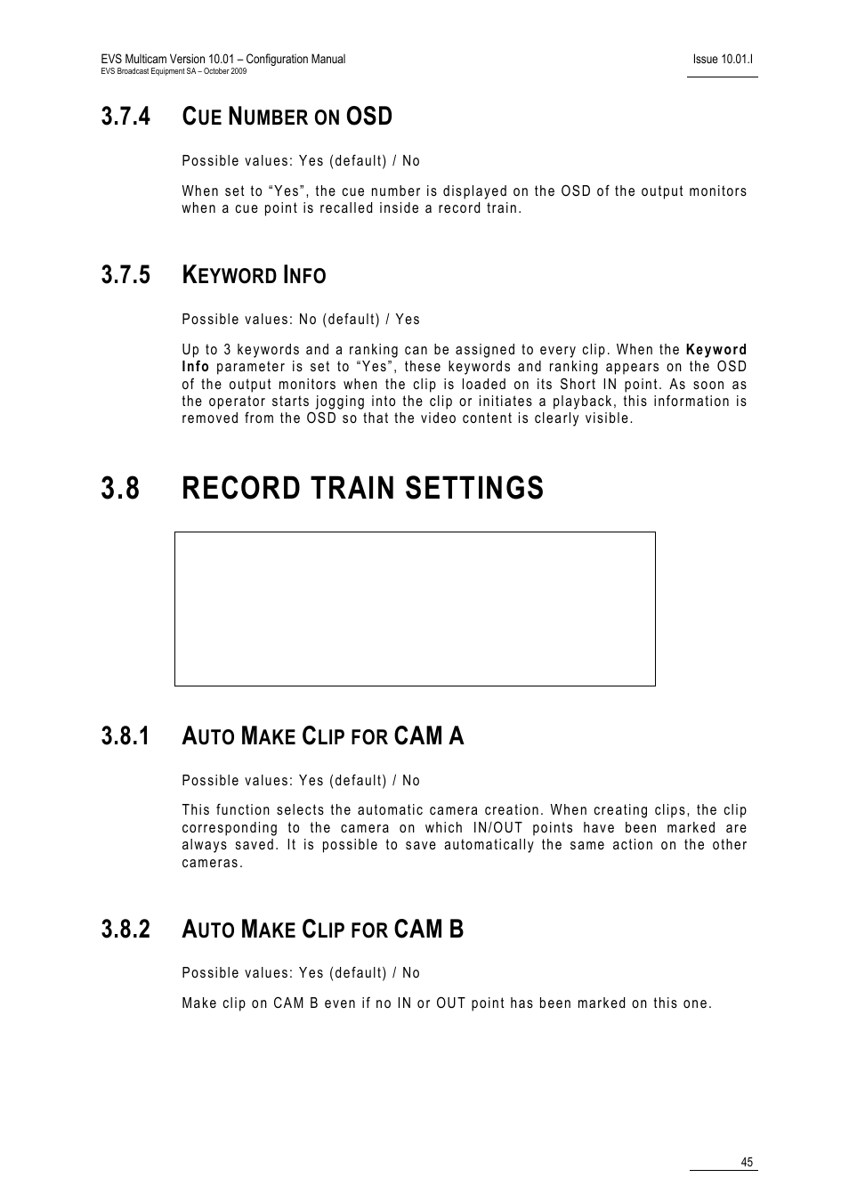 4 cue number on osd, 5 keyword info, 8 record train settings | 1 auto make clip for cam a, 2 auto make clip for cam b | EVS MulticamLSM Version 10.01 - October 2009 Configuration Manual User Manual | Page 52 / 93