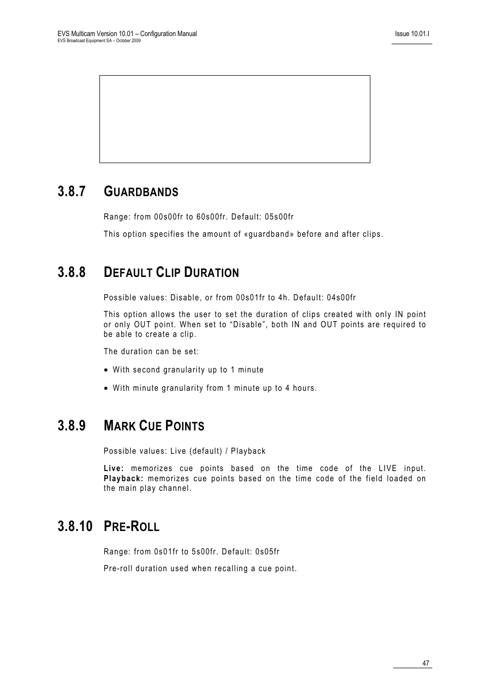 7 guardbands, 8 default clip duration, 9 mark cue points | 10 pre-roll, 10 p | EVS MulticamLSM Version 10.01 - October 2009 Configuration Manual User Manual | Page 54 / 93