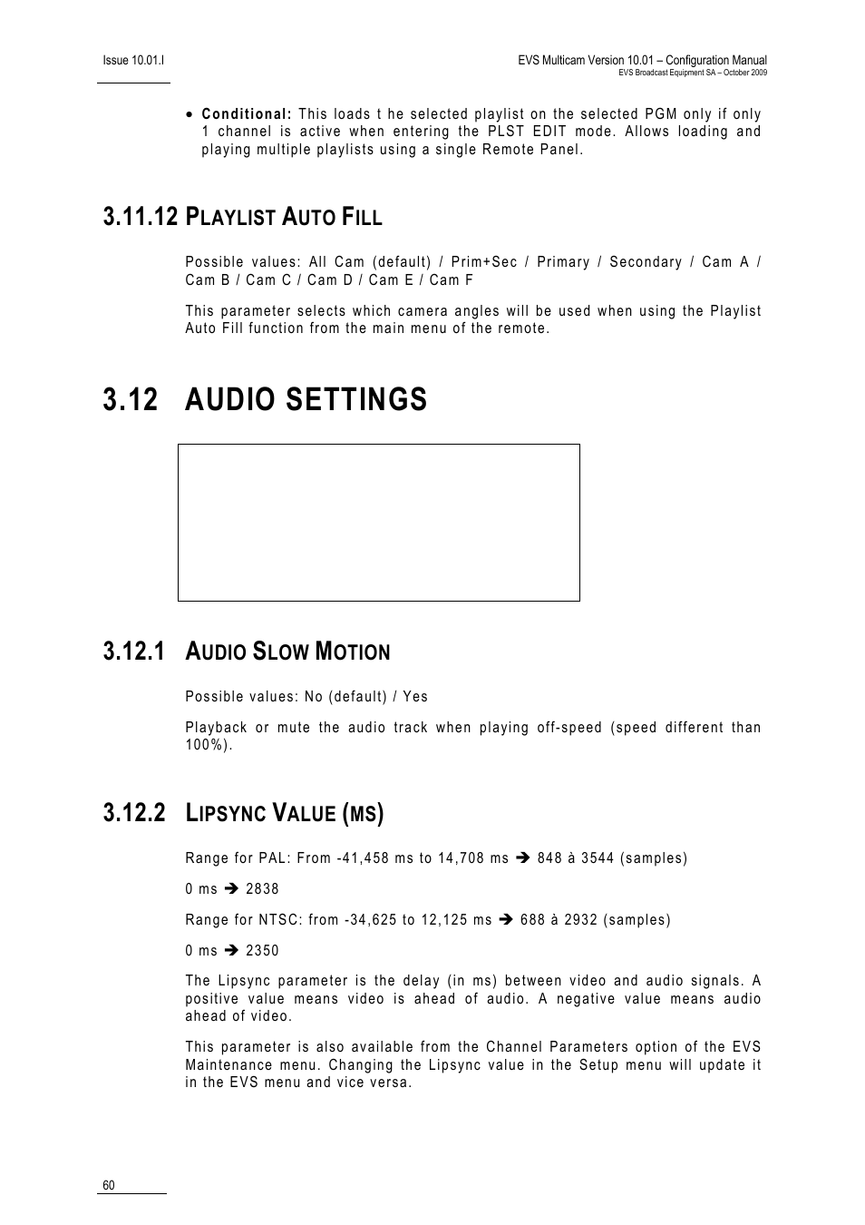 12 playlist auto fill, 12 audio settings, 1 audio slow motion | 2 lipsync value (ms), 12 p | EVS MulticamLSM Version 10.01 - October 2009 Configuration Manual User Manual | Page 67 / 93