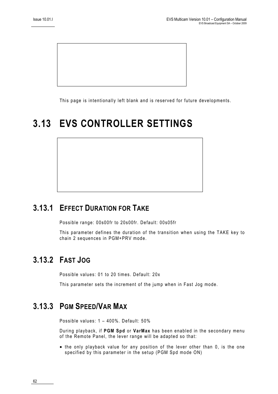 13 evs controller settings, 1 effect duration for take, 2 fast jog | 3 pgm speed/var max, Settings | EVS MulticamLSM Version 10.01 - October 2009 Configuration Manual User Manual | Page 69 / 93