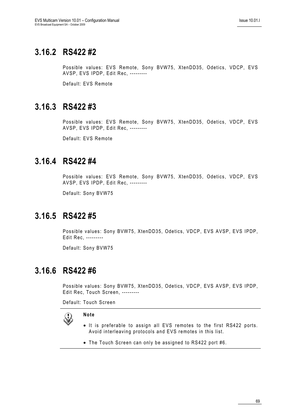 2 rs422 #2, 3 rs422 #3, 4 rs422 #4 | 5 rs422 #5, 6 rs422 #6, 2 rs422, 3 rs422, 4 rs422, 5 rs422, 6 rs422 | EVS MulticamLSM Version 10.01 - October 2009 Configuration Manual User Manual | Page 76 / 93