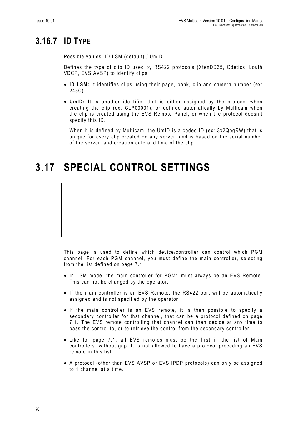 7 id type, 17 special control settings, 7 id | EVS MulticamLSM Version 10.01 - October 2009 Configuration Manual User Manual | Page 77 / 93