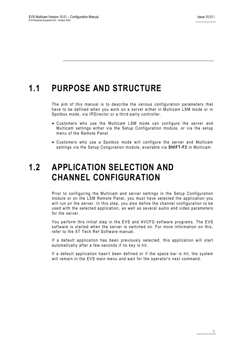 Introduction, 1 purpose and structure, 2 application selection and channel configuration | Uration | EVS MulticamLSM Version 10.01 - October 2009 Configuration Manual User Manual | Page 8 / 93
