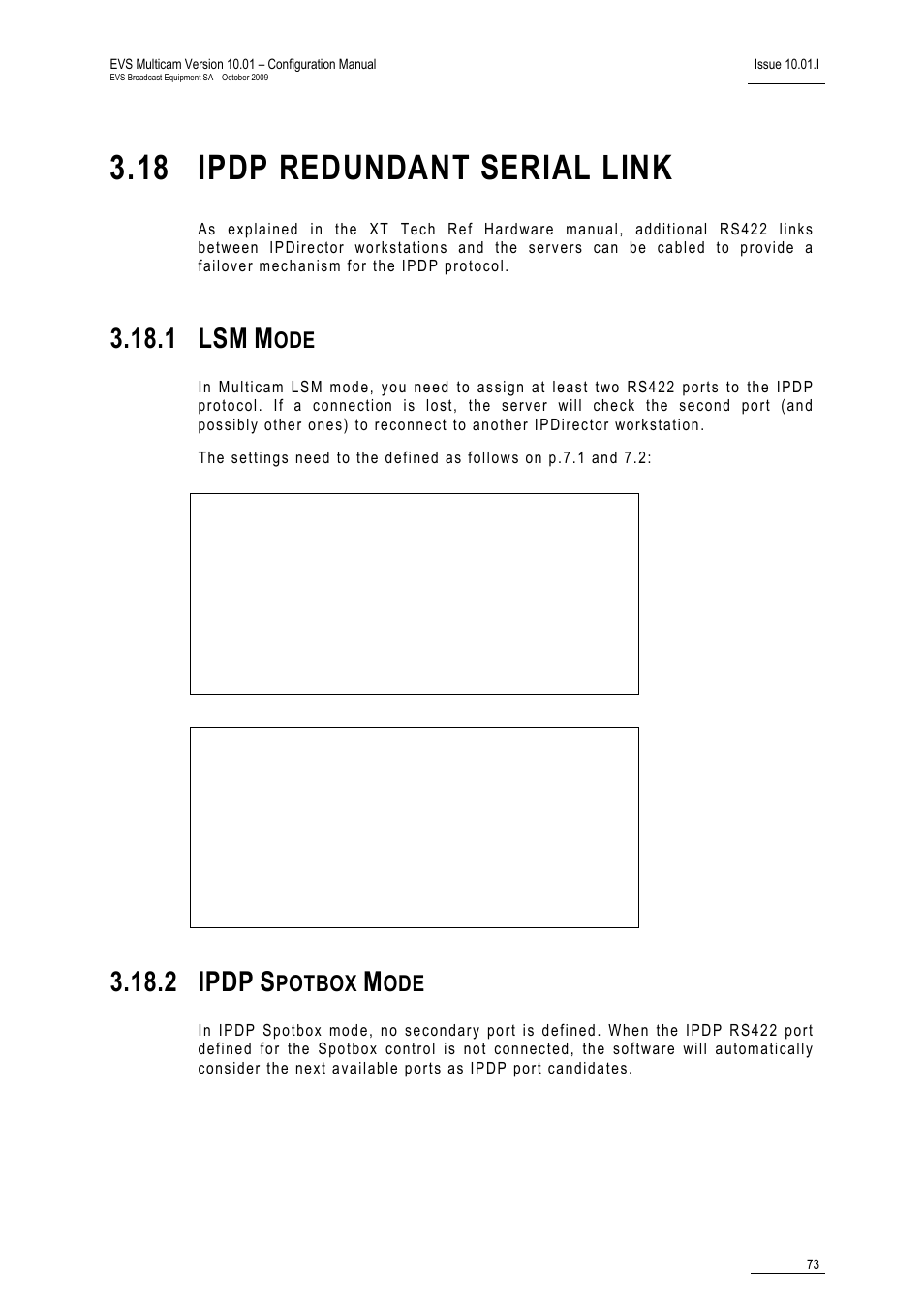 18 ipdp redundant serial link, 1 lsm mode, 2 ipdp spotbox mode | 1 lsm, 2 ipdp | EVS MulticamLSM Version 10.01 - October 2009 Configuration Manual User Manual | Page 80 / 93