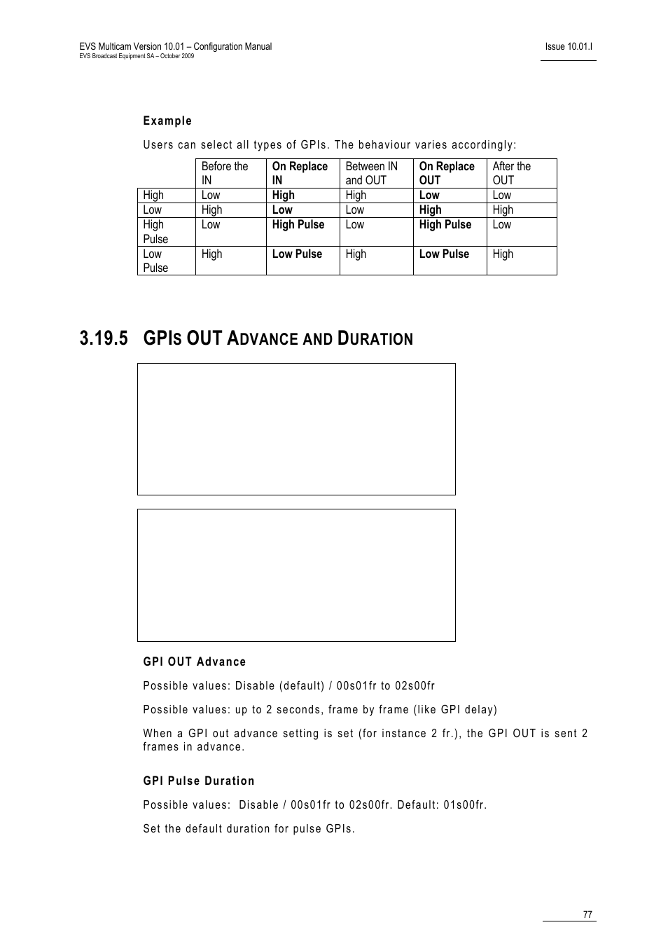 Example, 5 gpis out advance and duration, Gpi out advance | Gpi pulse duration, Tion, 5 gpi, Dvance and, Uration | EVS MulticamLSM Version 10.01 - October 2009 Configuration Manual User Manual | Page 84 / 93