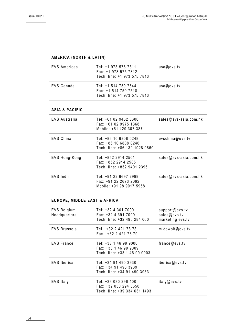 Regional contacts | EVS MulticamLSM Version 10.01 - October 2009 Configuration Manual User Manual | Page 91 / 93