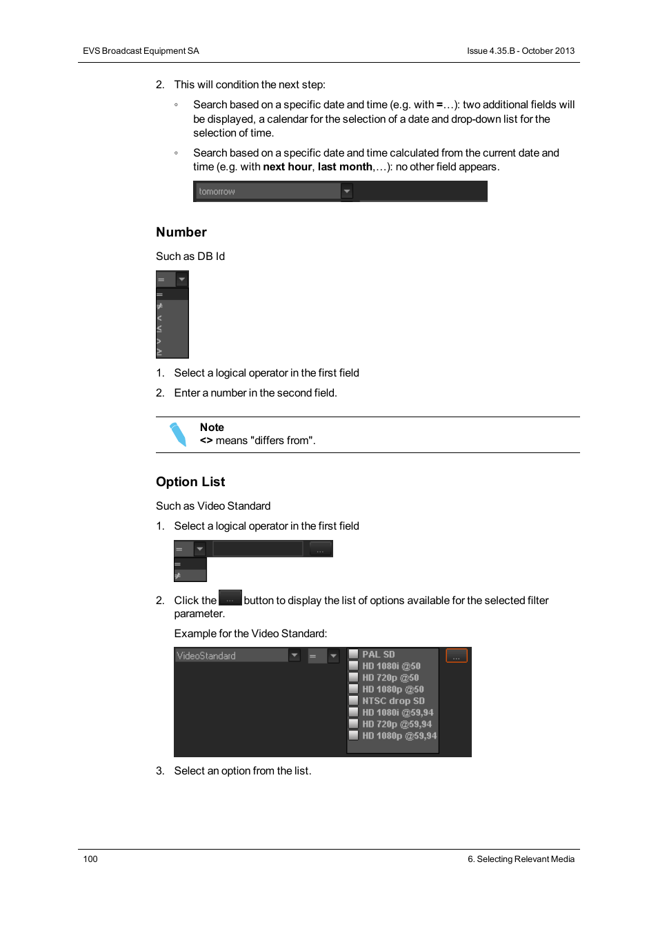 Number, Option list | EVS Xedio Dispatcher Version 4.35 - October 2013 User Manual User Manual | Page 110 / 136