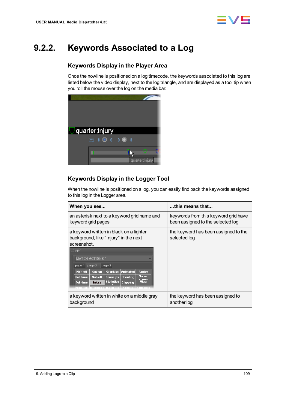 Keywords associated to a log | EVS Xedio Dispatcher Version 4.35 - October 2013 User Manual User Manual | Page 119 / 136