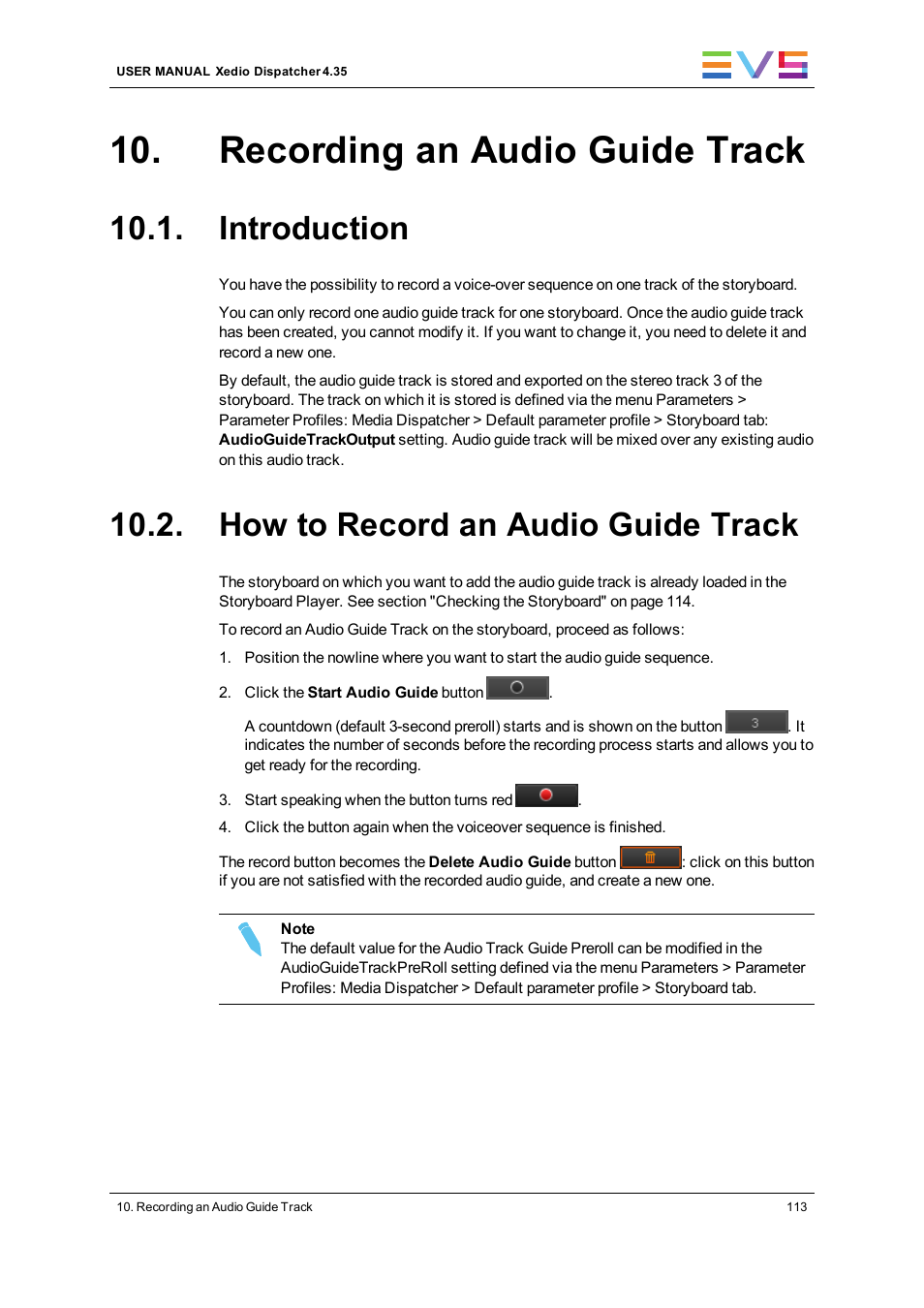 Recording an audio guide track, Introduction, How to record an audio guide track | EVS Xedio Dispatcher Version 4.35 - October 2013 User Manual User Manual | Page 123 / 136