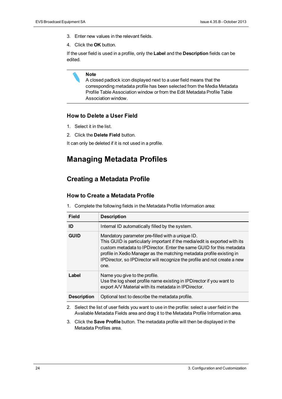 Managing metadata profiles, Creating a metadata profile | EVS Xedio Dispatcher Version 4.35 - October 2013 User Manual User Manual | Page 34 / 136