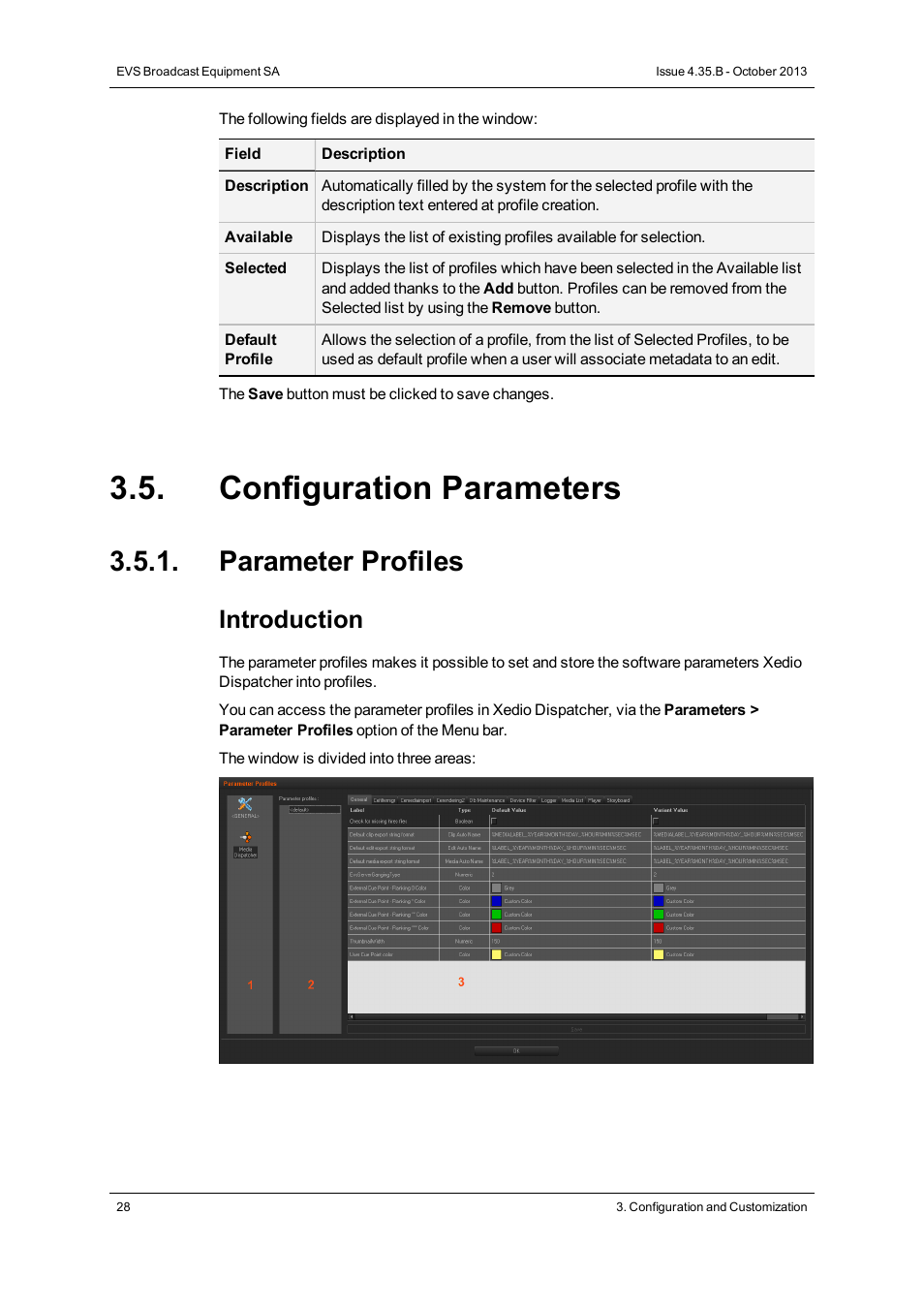 Configuration parameters, Parameter profiles, Introduction | EVS Xedio Dispatcher Version 4.35 - October 2013 User Manual User Manual | Page 38 / 136