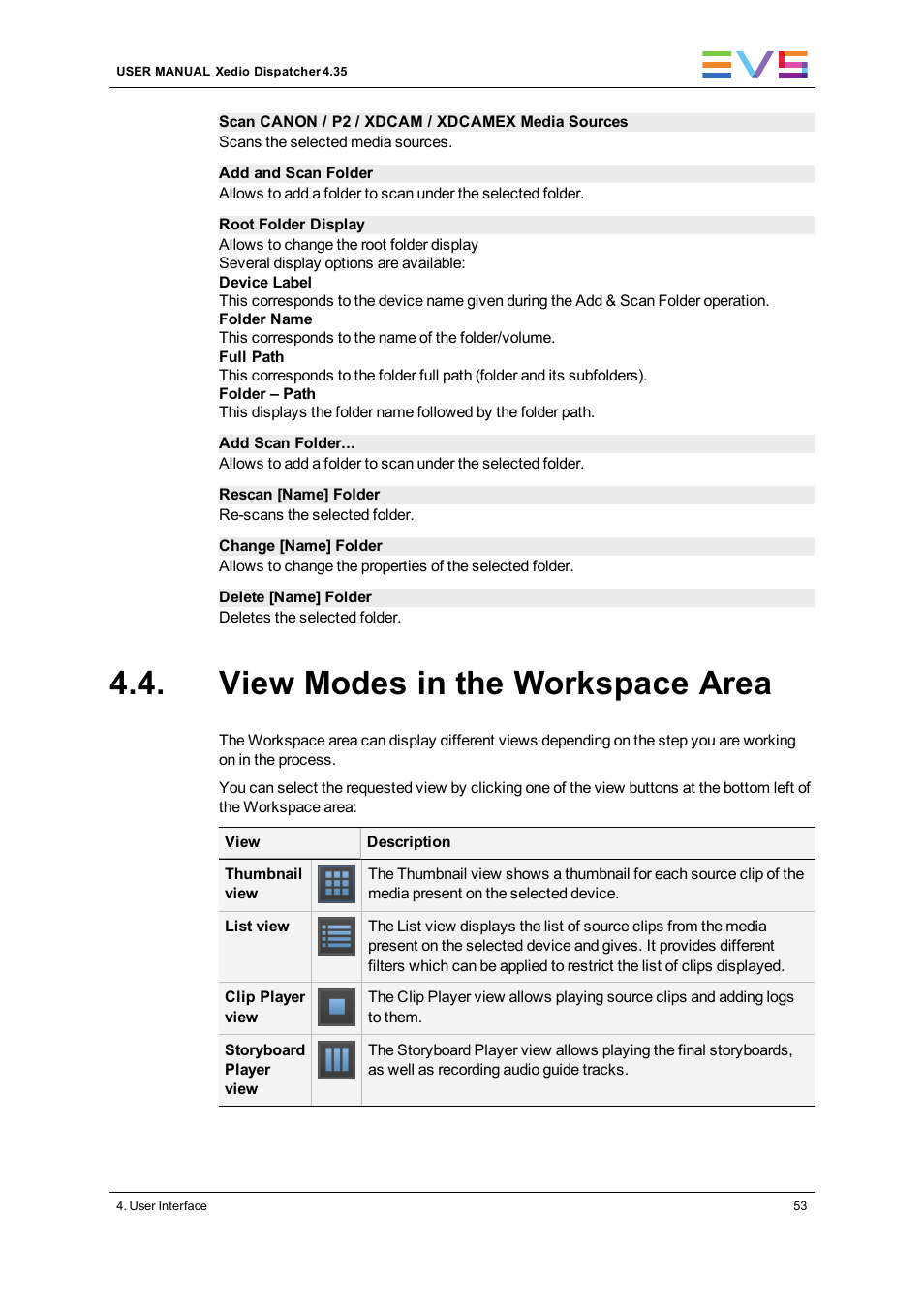 View modes in the workspace area | EVS Xedio Dispatcher Version 4.35 - October 2013 User Manual User Manual | Page 63 / 136