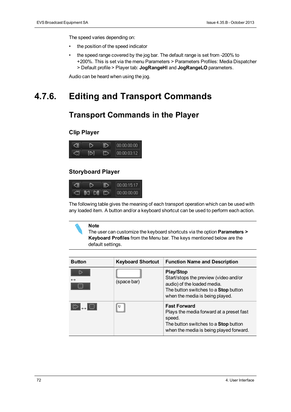 Editing and transport commands, Transport commands in the player | EVS Xedio Dispatcher Version 4.35 - October 2013 User Manual User Manual | Page 82 / 136