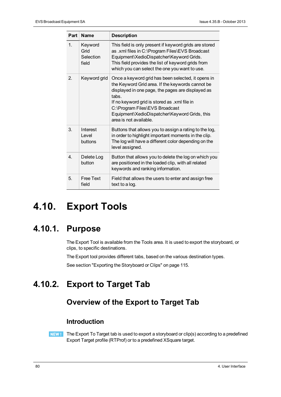 Export tools, Purpose, Export to target tab | Overview of the export to target tab, Introduction | EVS Xedio Dispatcher Version 4.35 - October 2013 User Manual User Manual | Page 90 / 136