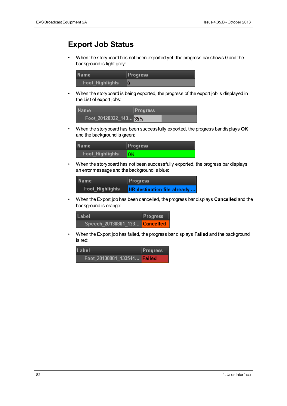 Export job status | EVS Xedio Dispatcher Version 4.35 - October 2013 User Manual User Manual | Page 92 / 136