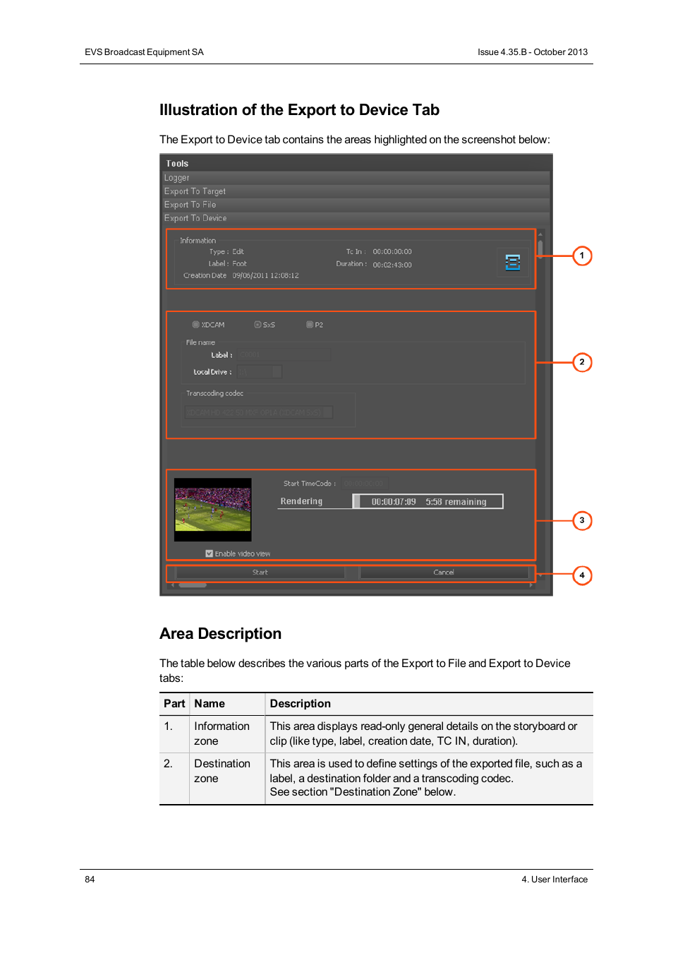 Illustration of the export to device tab, Area description | EVS Xedio Dispatcher Version 4.35 - October 2013 User Manual User Manual | Page 94 / 136