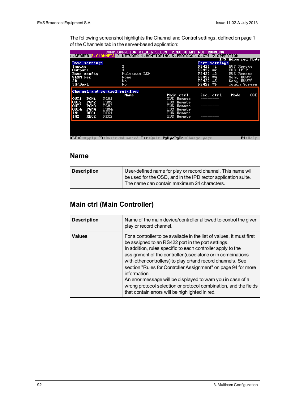 Name, Main ctrl (main controller) | EVS XT2 Version 11.02 - July 2013 Configuration Manual User Manual | Page 100 / 220