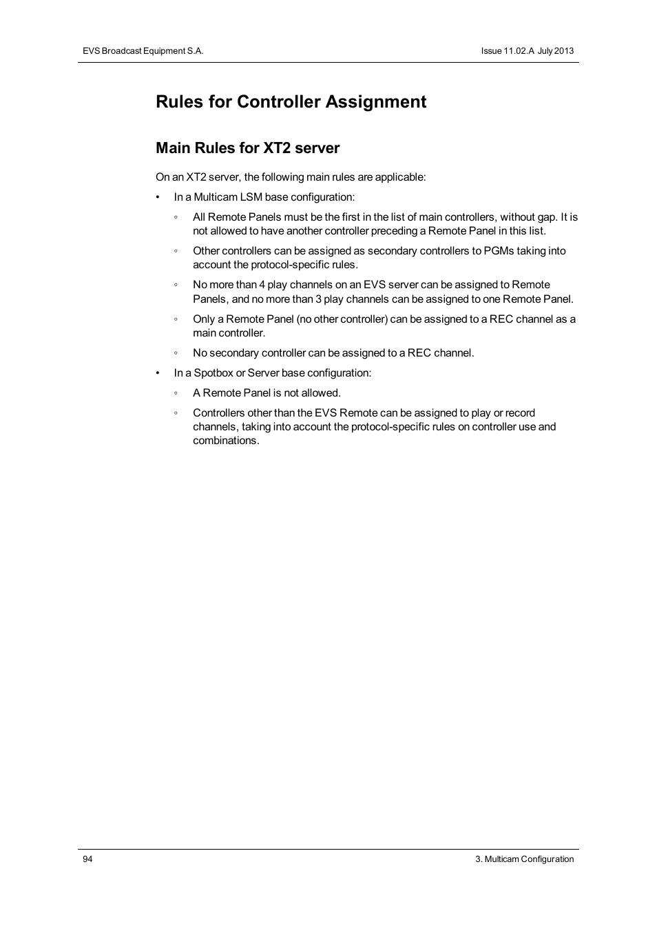 Rules for controller assignment, Main rules for xt2 server | EVS XT2 Version 11.02 - July 2013 Configuration Manual User Manual | Page 102 / 220