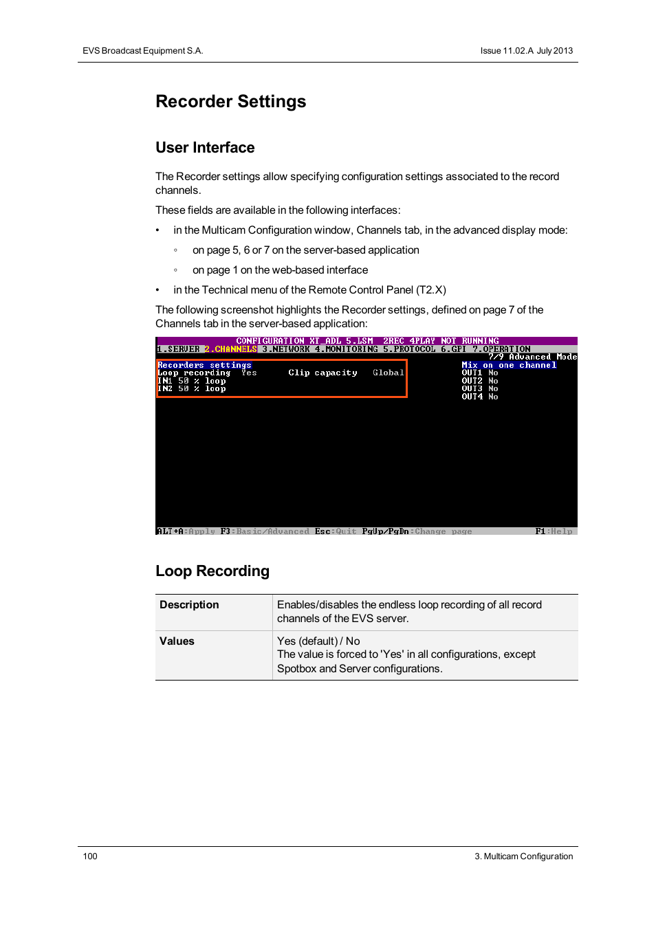 Recorder settings, User interface, Loop recording | EVS XT2 Version 11.02 - July 2013 Configuration Manual User Manual | Page 108 / 220