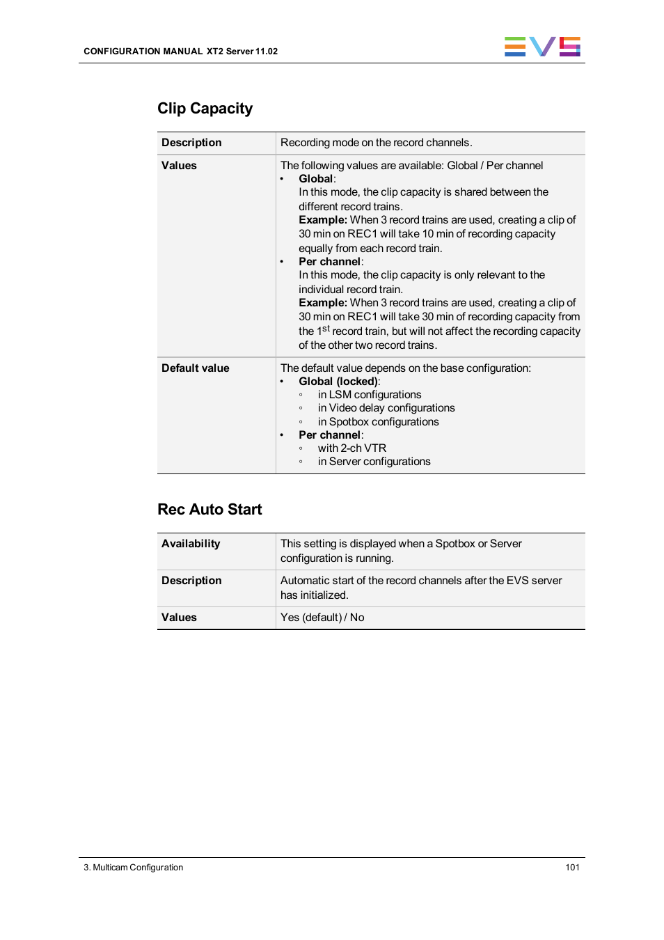 Clip capacity, Rec auto start | EVS XT2 Version 11.02 - July 2013 Configuration Manual User Manual | Page 109 / 220