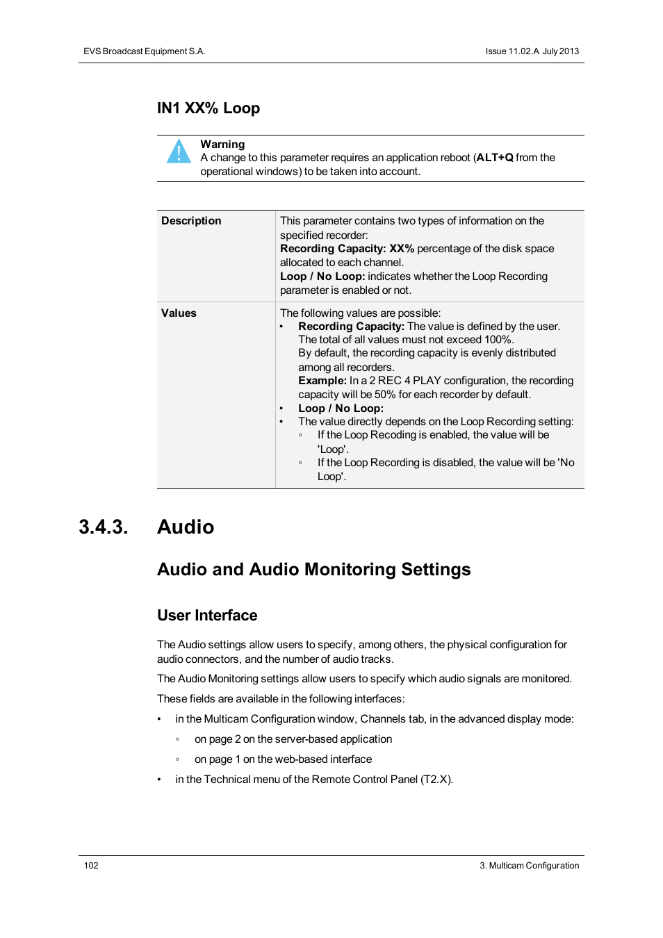 Audio, Audio settings, Audio and audio monitoring settings | In1 xx% loop, User interface | EVS XT2 Version 11.02 - July 2013 Configuration Manual User Manual | Page 110 / 220