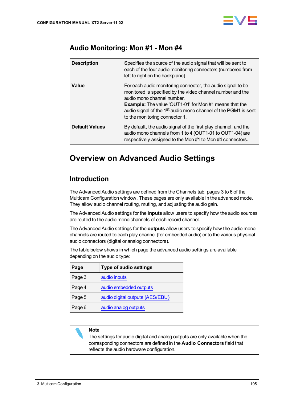 Advanced audio settings, Overview on advanced audio settings, Audio monitoring: mon #1 - mon #4 | Introduction | EVS XT2 Version 11.02 - July 2013 Configuration Manual User Manual | Page 113 / 220