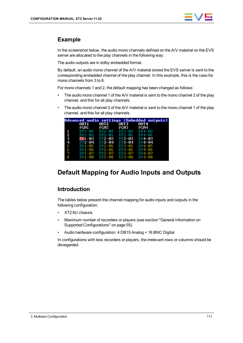 Default mapping for audio inputs and outputs, Example, Introduction | EVS XT2 Version 11.02 - July 2013 Configuration Manual User Manual | Page 119 / 220