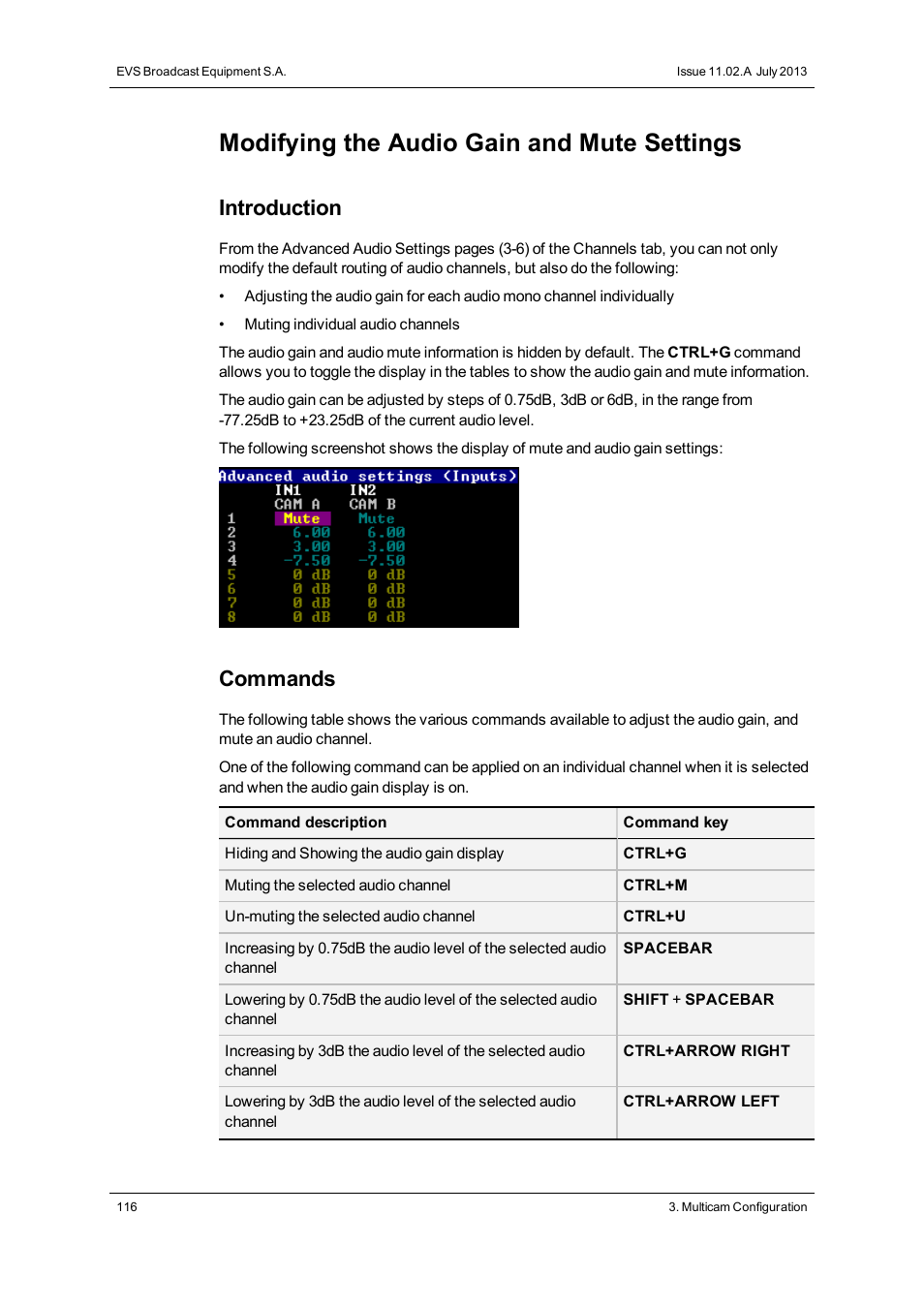 Modifying the audio gain and mute settings, Introduction, Commands | EVS XT2 Version 11.02 - July 2013 Configuration Manual User Manual | Page 124 / 220
