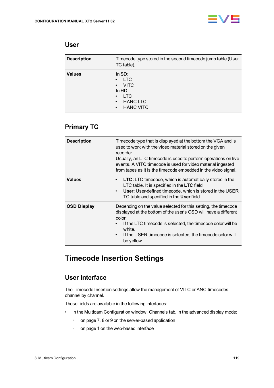 Timecode insertion settings, User, Primary tc | User interface | EVS XT2 Version 11.02 - July 2013 Configuration Manual User Manual | Page 127 / 220