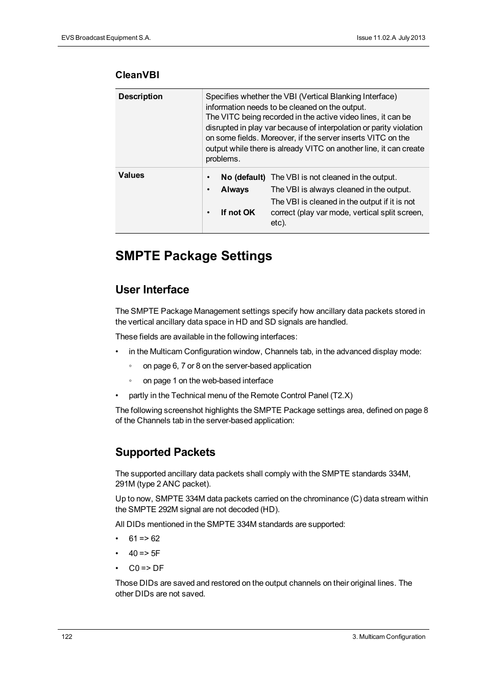 Smpte 334m packets management settings, Smpte package settings, User interface | Supported packets | EVS XT2 Version 11.02 - July 2013 Configuration Manual User Manual | Page 130 / 220