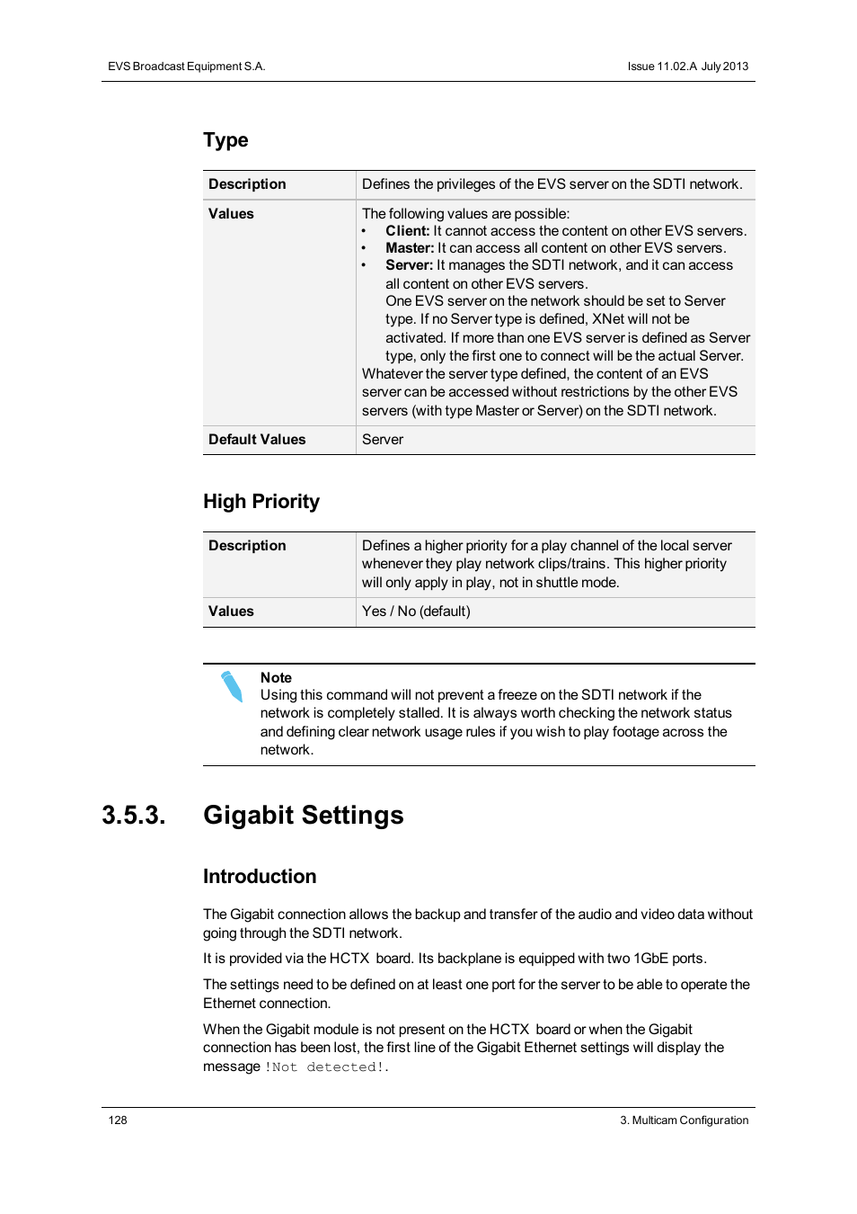 Gigabit settings, Type, High priority | Introduction | EVS XT2 Version 11.02 - July 2013 Configuration Manual User Manual | Page 136 / 220