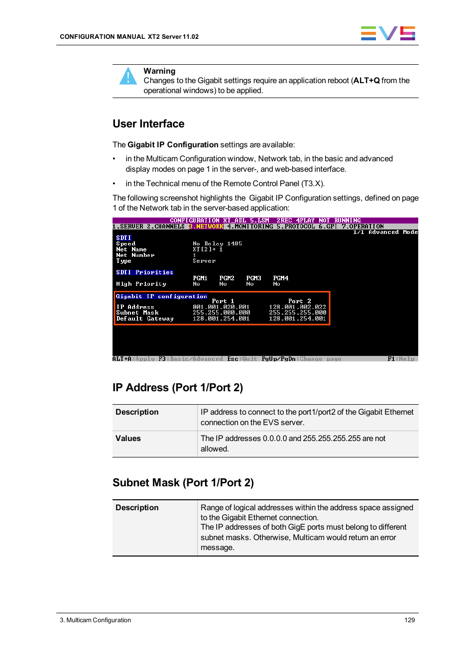 User interface, Ip address (port 1/port 2), Subnet mask (port 1/port 2) | EVS XT2 Version 11.02 - July 2013 Configuration Manual User Manual | Page 137 / 220