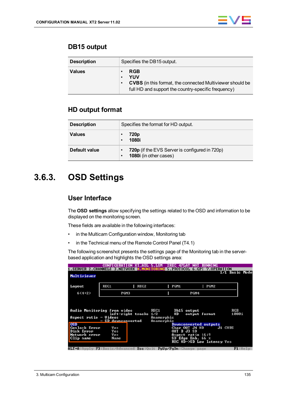 Osd settings, Db15 output, Hd output format | User interface | EVS XT2 Version 11.02 - July 2013 Configuration Manual User Manual | Page 143 / 220