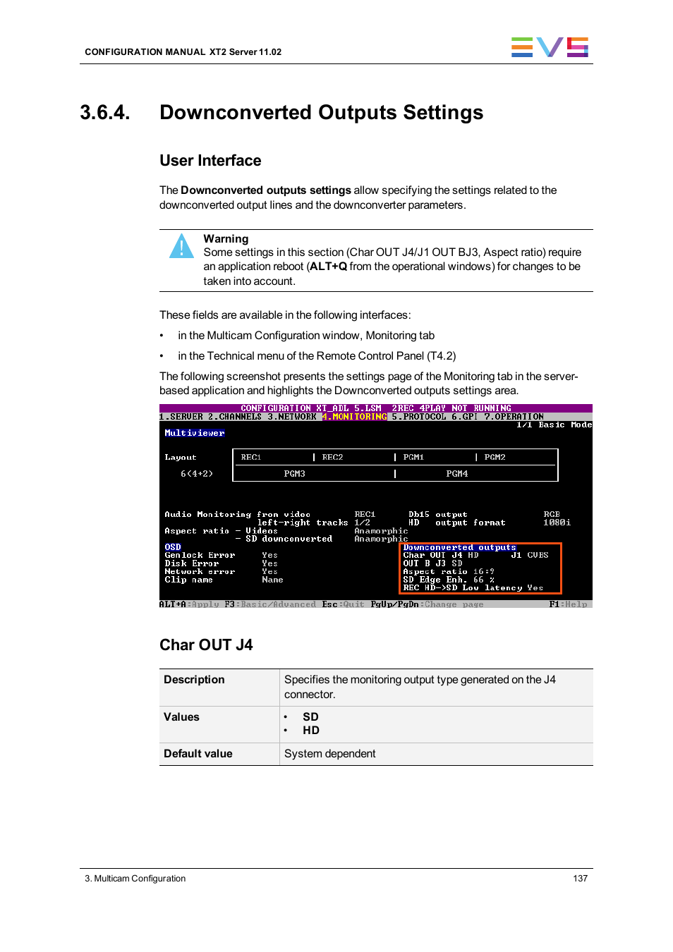 Downconverted outputs settings, User interface, Char out j4 | EVS XT2 Version 11.02 - July 2013 Configuration Manual User Manual | Page 145 / 220