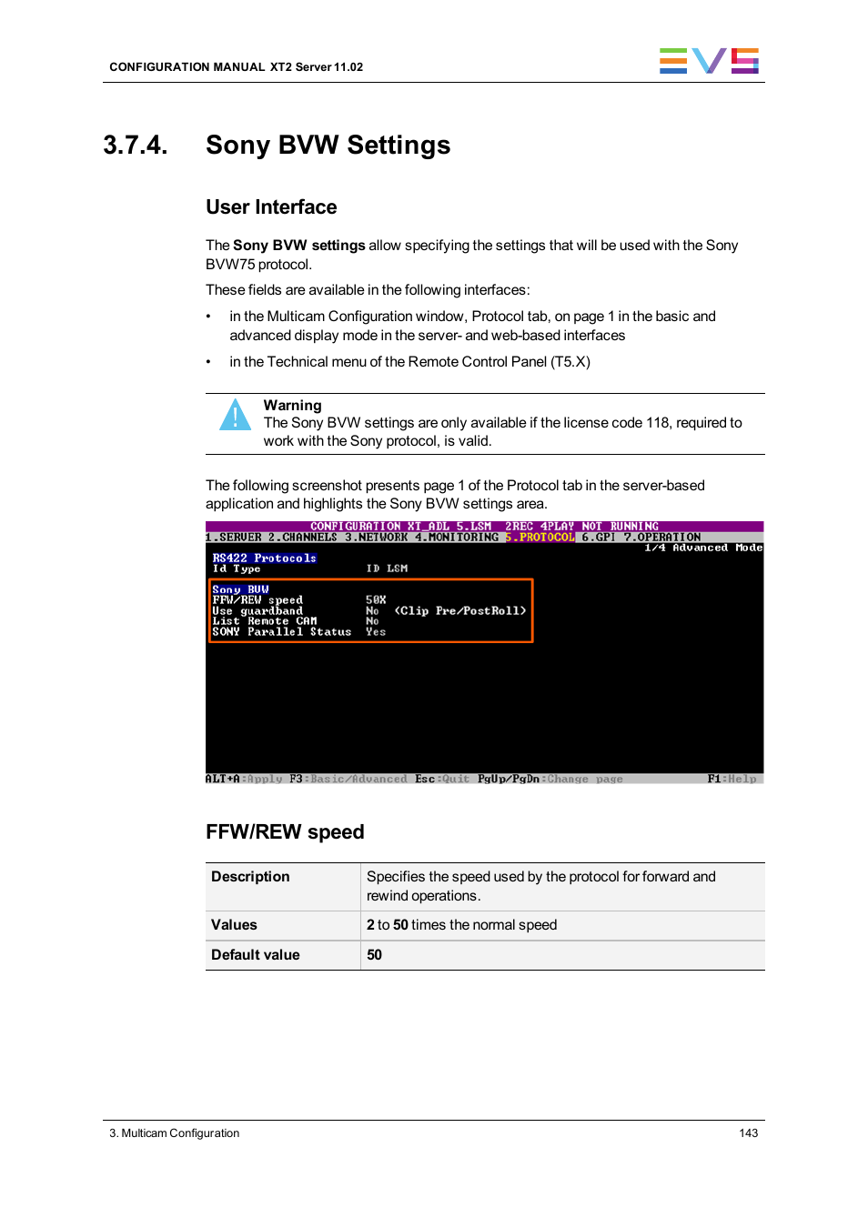 Sony bvw settings, User interface, Ffw/rew speed | EVS XT2 Version 11.02 - July 2013 Configuration Manual User Manual | Page 151 / 220