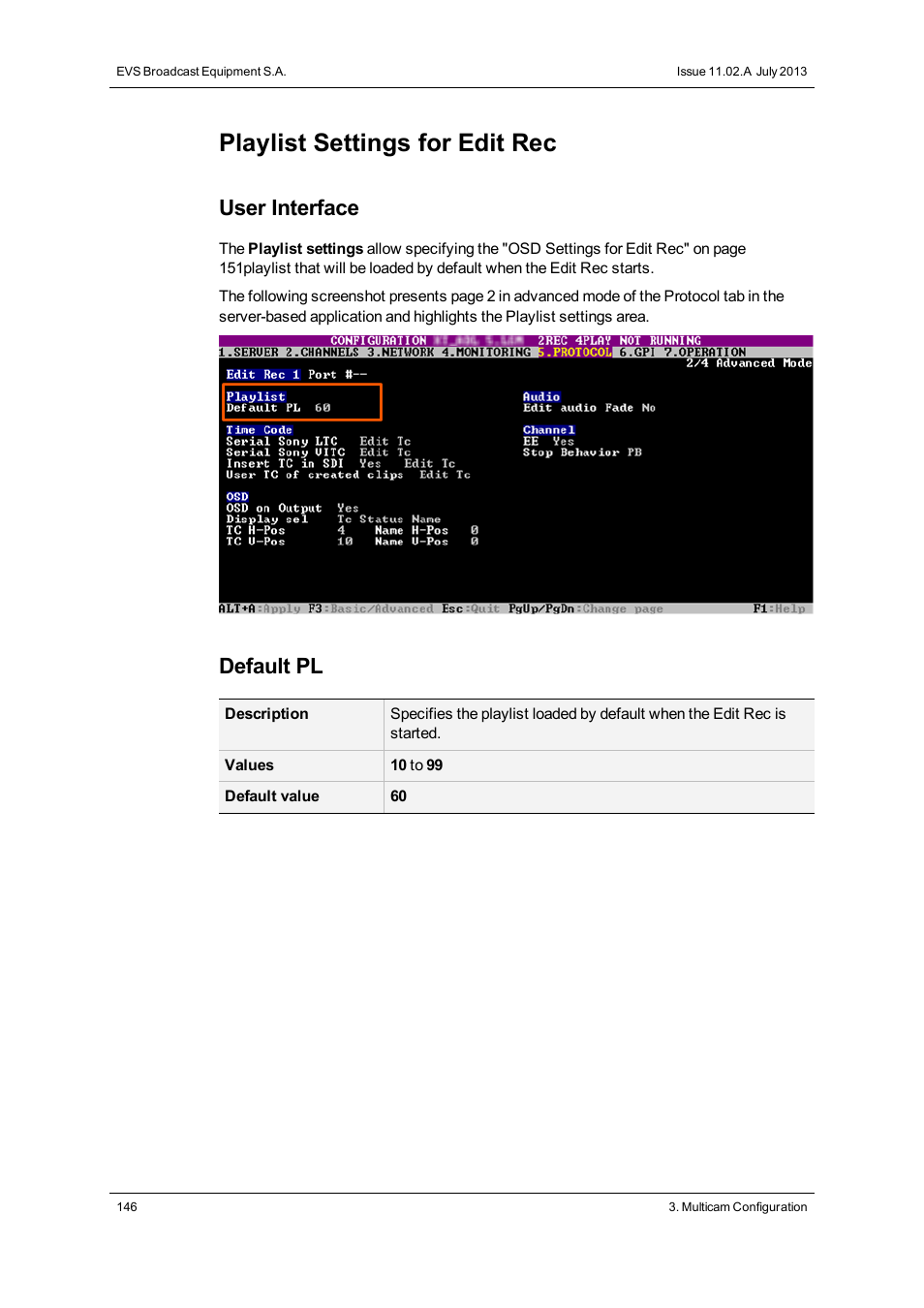 Playlist settings, Playlist settings for edit rec, User interface | Default pl | EVS XT2 Version 11.02 - July 2013 Configuration Manual User Manual | Page 154 / 220