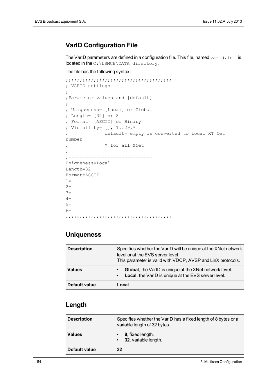 Varid configuration file, Uniqueness, Length | EVS XT2 Version 11.02 - July 2013 Configuration Manual User Manual | Page 162 / 220