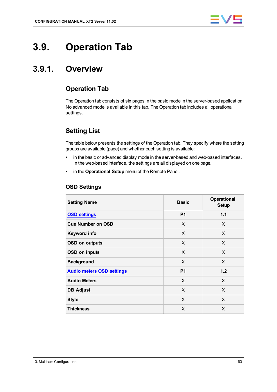 Operation tab, Overview, Operations settings | Setting list | EVS XT2 Version 11.02 - July 2013 Configuration Manual User Manual | Page 171 / 220
