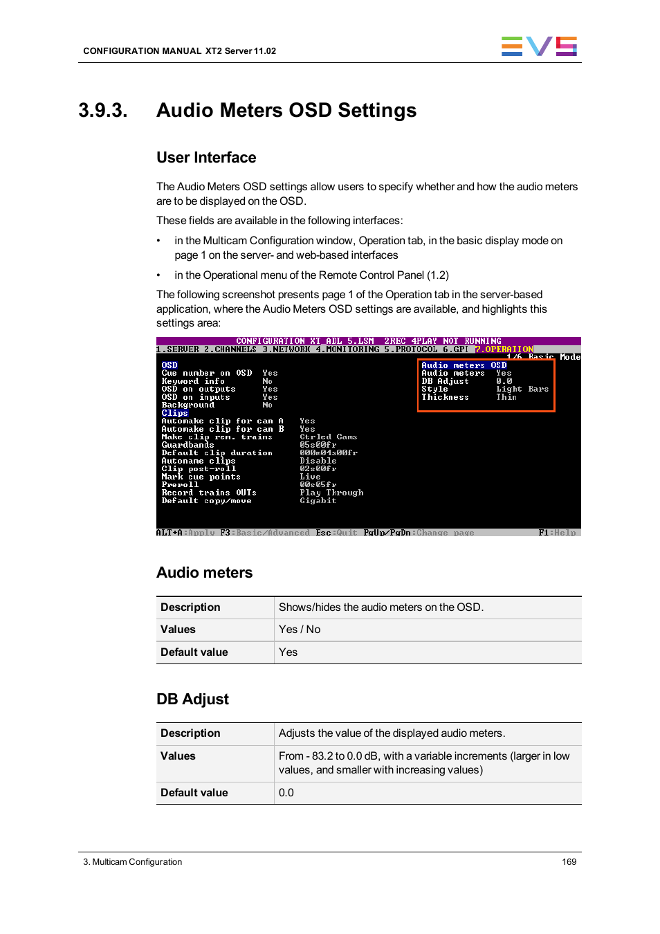 Audio meters osd settings, User interface, Audio meters | Db adjust | EVS XT2 Version 11.02 - July 2013 Configuration Manual User Manual | Page 177 / 220