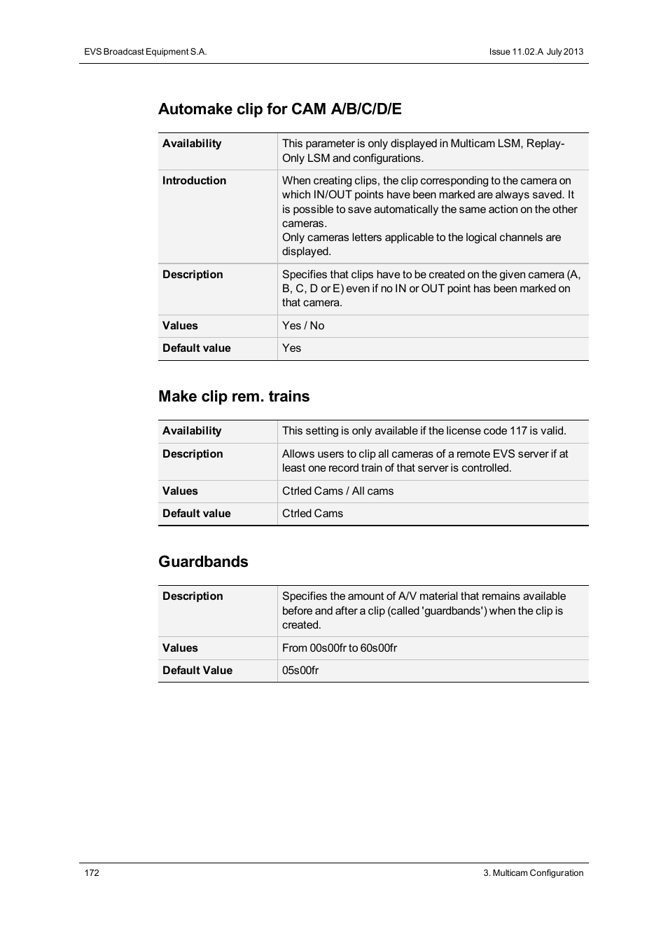 Automake clip for cam a/b/c/d/e, Make clip rem. trains, Guardbands | EVS XT2 Version 11.02 - July 2013 Configuration Manual User Manual | Page 180 / 220